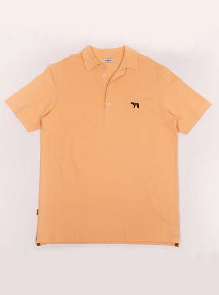 Flat lay of men's peach coloured polo shirt in 100% cotton with Newmarket 875 horse logo embroidered on the front.